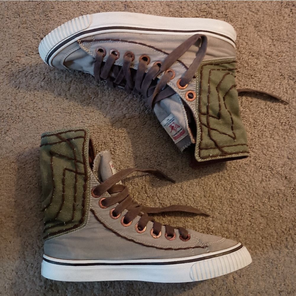 True Religion Canvas Sneakers Fold Over Gray/Army High Tops Mens Sz 9.5 PREOWNED - Picture 3 of 6